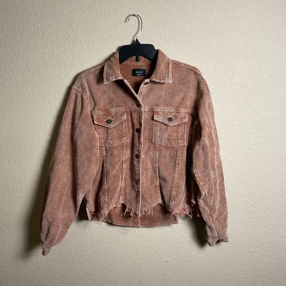 Vici‎ Womens Small Camel Color Distressed Paddington Cotton Corduroy Jacket Boho